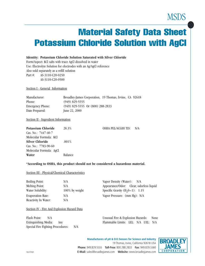 Material Safety Data Sheet Potassium Chloride Solution with Agcl