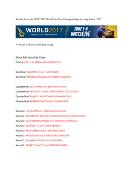 Results from the IBJJF 2017 World Jiu-Jitsu Championships in Long Beach, 2017. ** Some Videos Are Still Processing. Black Belt A