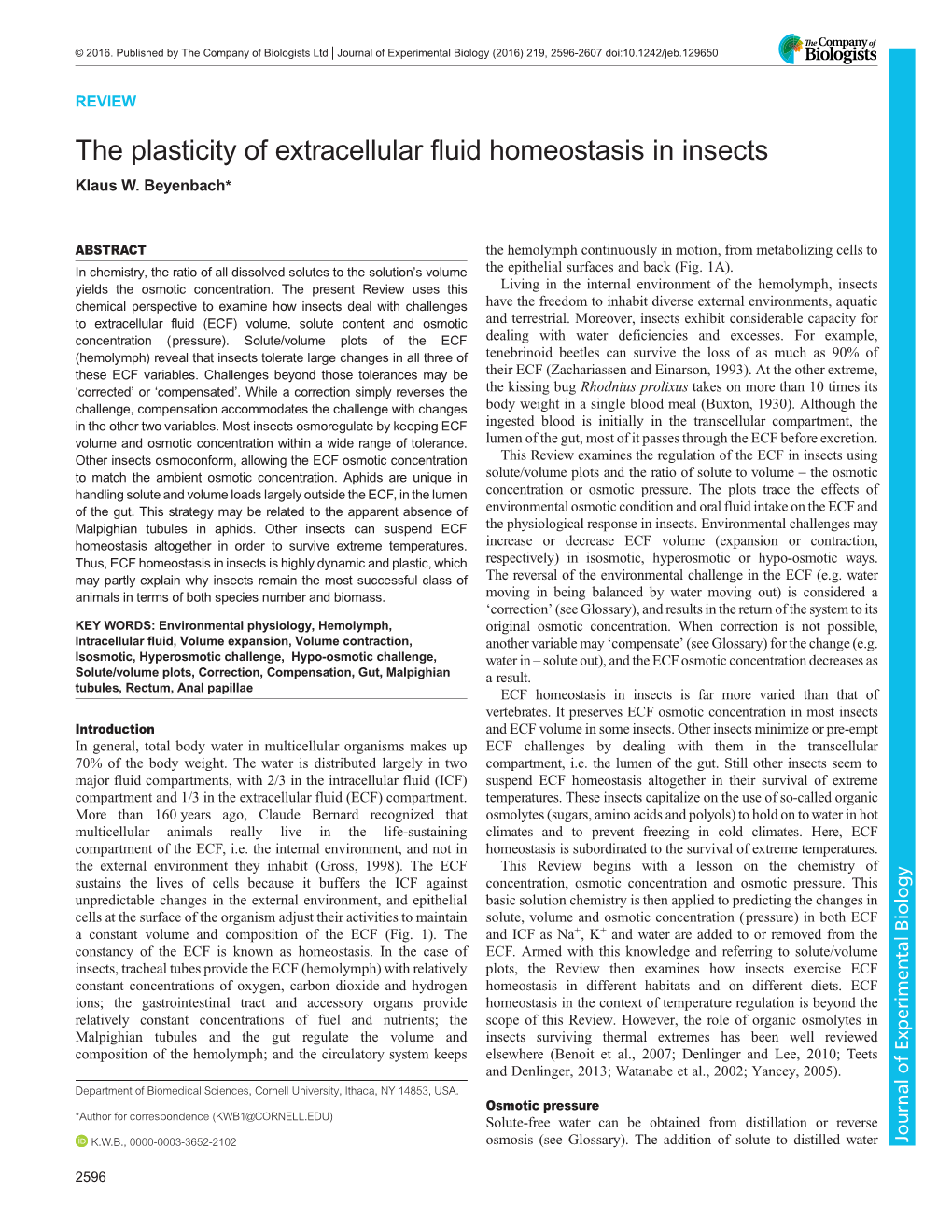 The Plasticity of Extracellular Fluid Homeostasis in Insects Klaus W