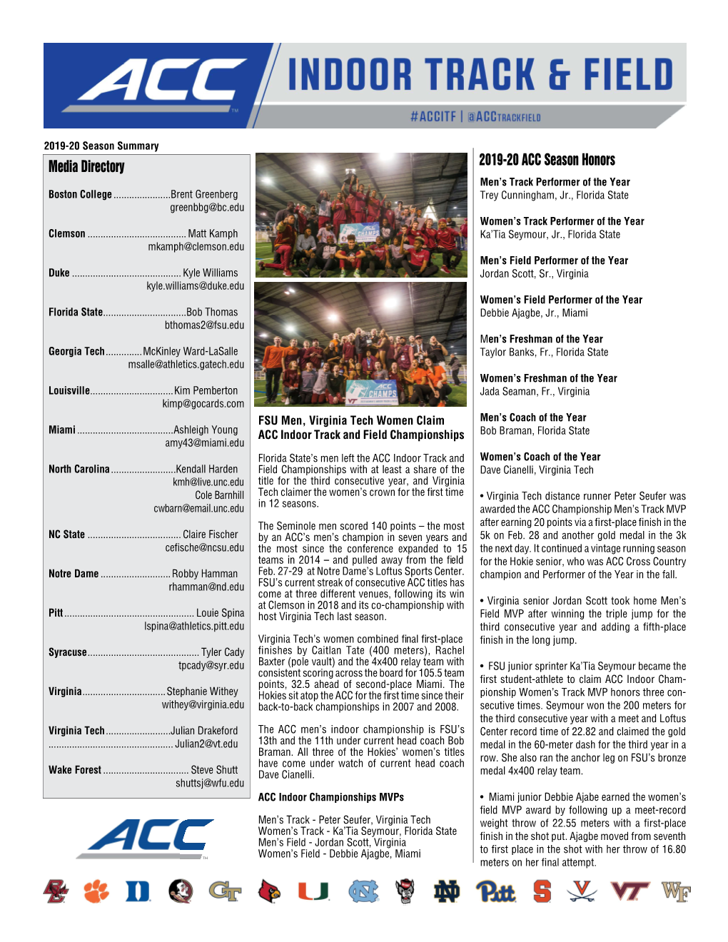 Media Directory 2019-20 ACC Season Honors Men’S Track Performer of the Year Boston College