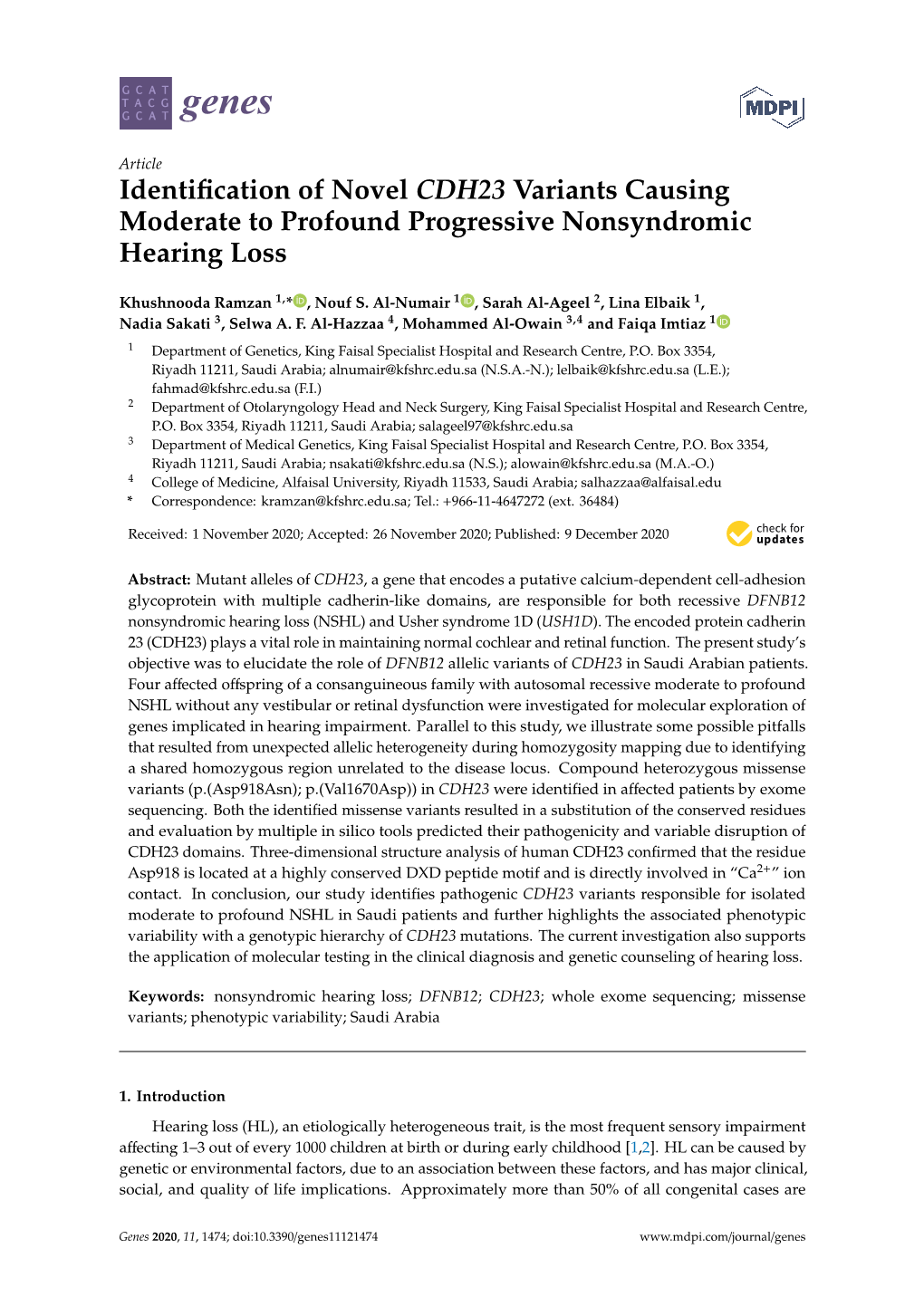 Identification of Novel CDH23 Variants Causing Moderate to Profound