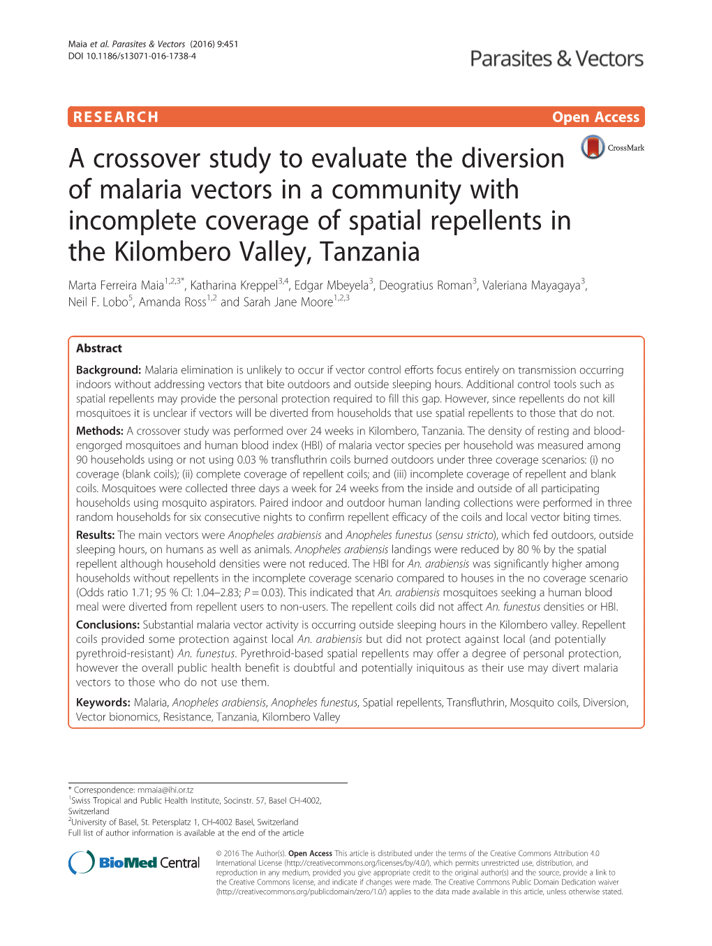 A Crossover Study to Evaluate the Diversion of Malaria Vectors in A