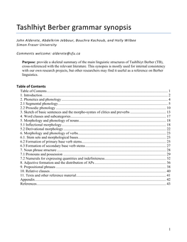 Tashlhiyt Berber Grammar Synopsis