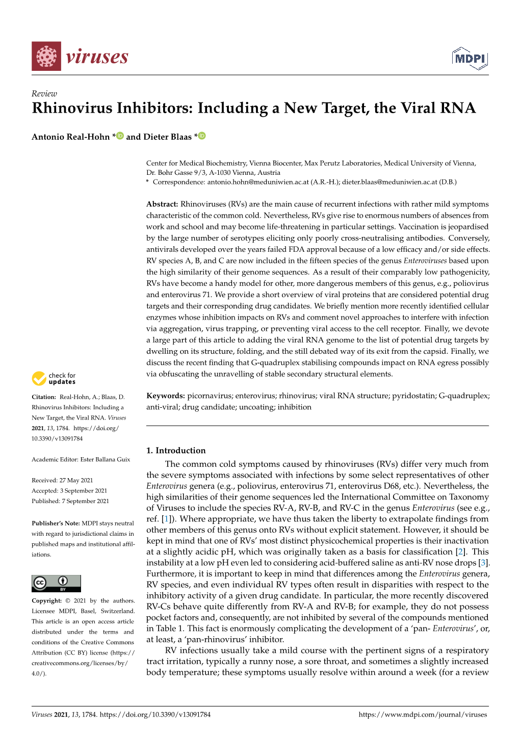 Rhinovirus Inhibitors: Including a New Target, the Viral RNA