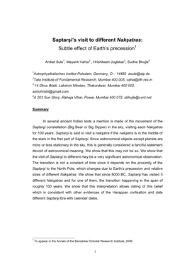 Saptarşi's Visit to Different Nakşatras: Subtle Effect of Earth's Precession