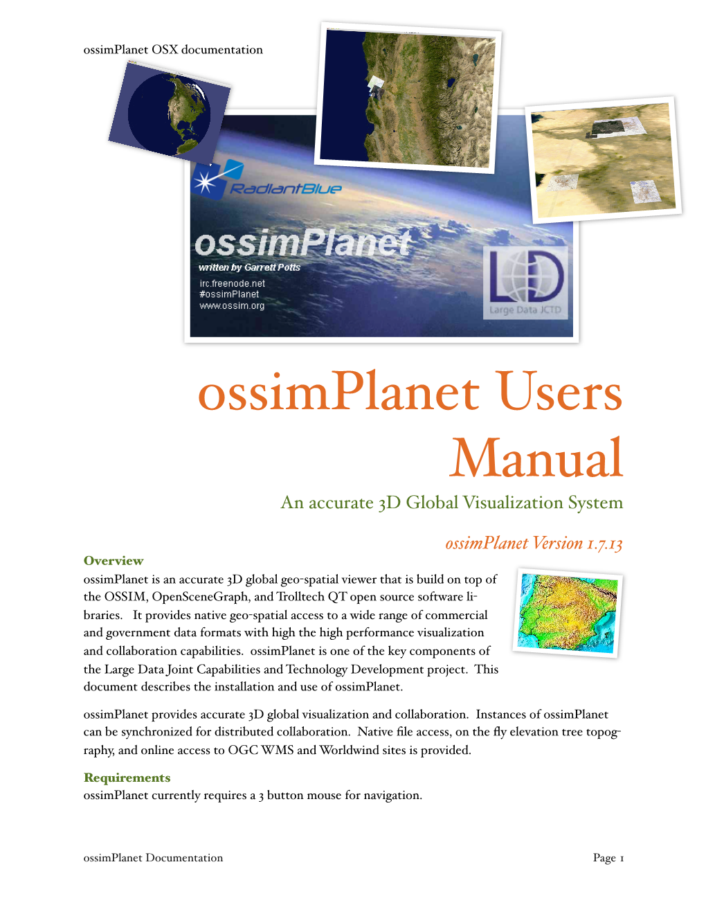 Ossimplanet Users Manual an Accurate 3D Global Visualization System