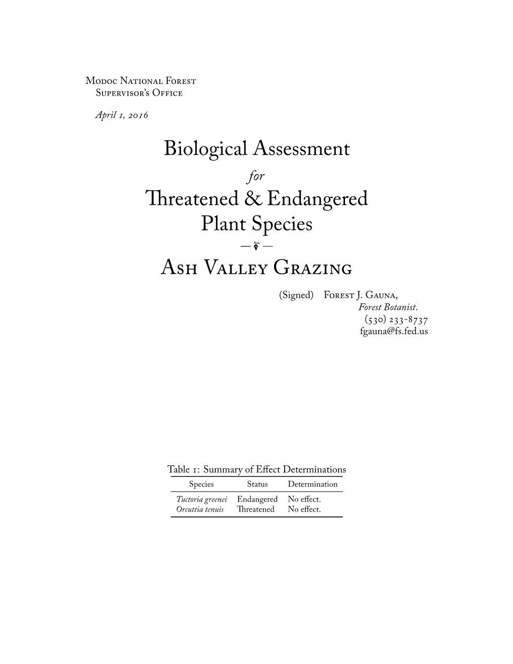 Biological Assessment Threatened & Endangered Plant Species Ash Valley Grazing