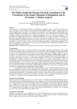 The Politics Behind the Passage of Fourth Amendment to the Constitution of the People’S Republic of Bangladesh and Its Provisions: a Modest Analysis