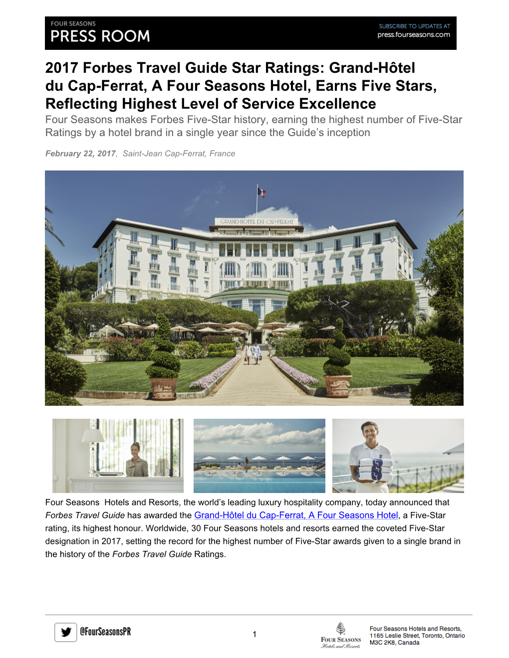 Grand-Hôtel Du Cap-Ferrat, a Four Seasons Hotel, Earns Five Stars