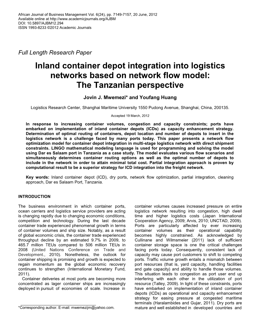 Inland Container Depot Integration Into Logistics Networks Based on Network Flow Model: the Tanzanian Perspective