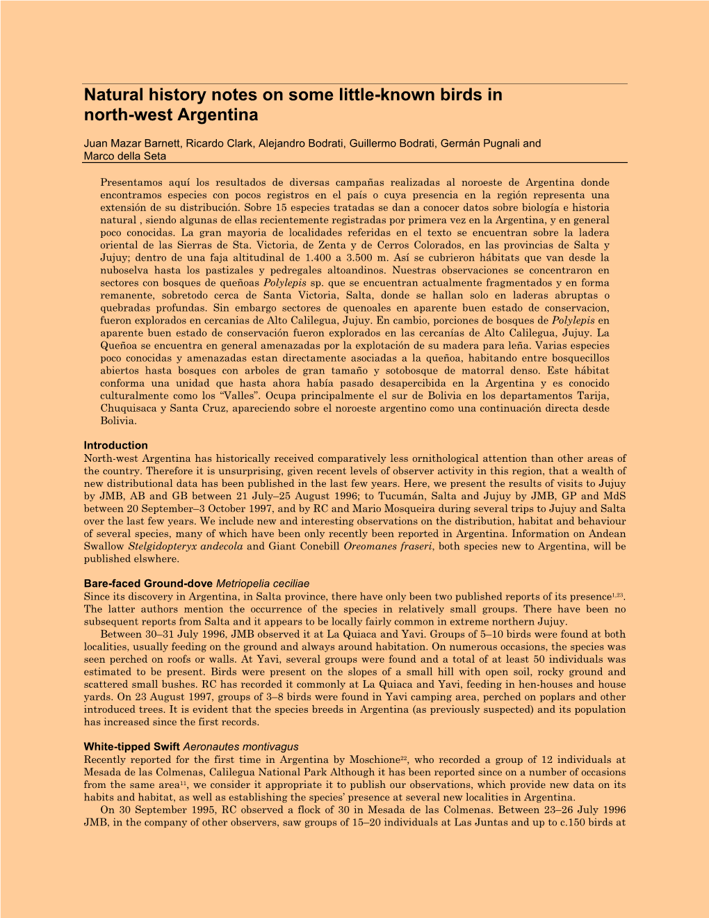 Natural History Notes on Some Little-Known Birds in North-West Argentina