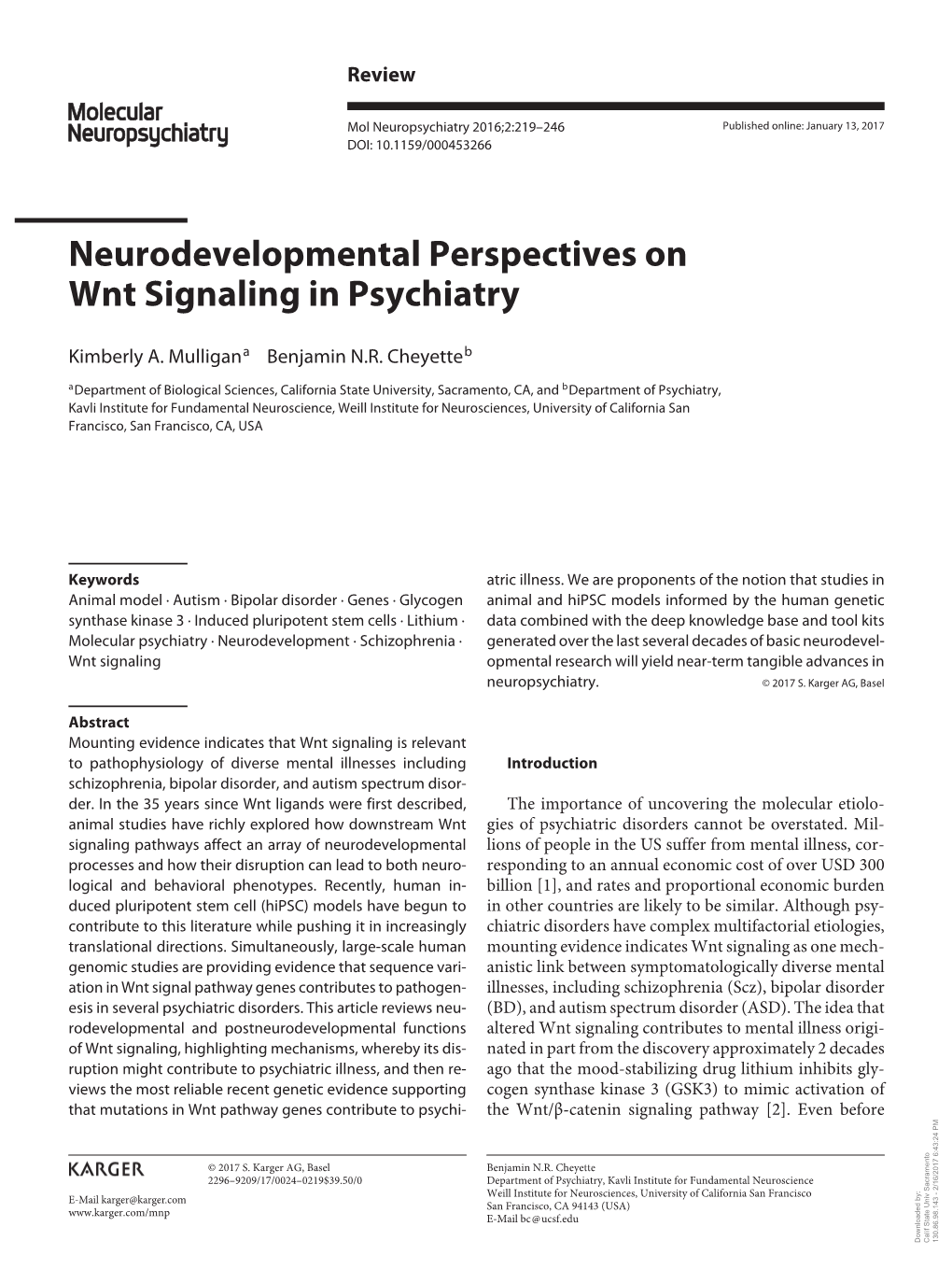 Neurodevelopmental Perspectives on Wnt Signaling in Psychiatry