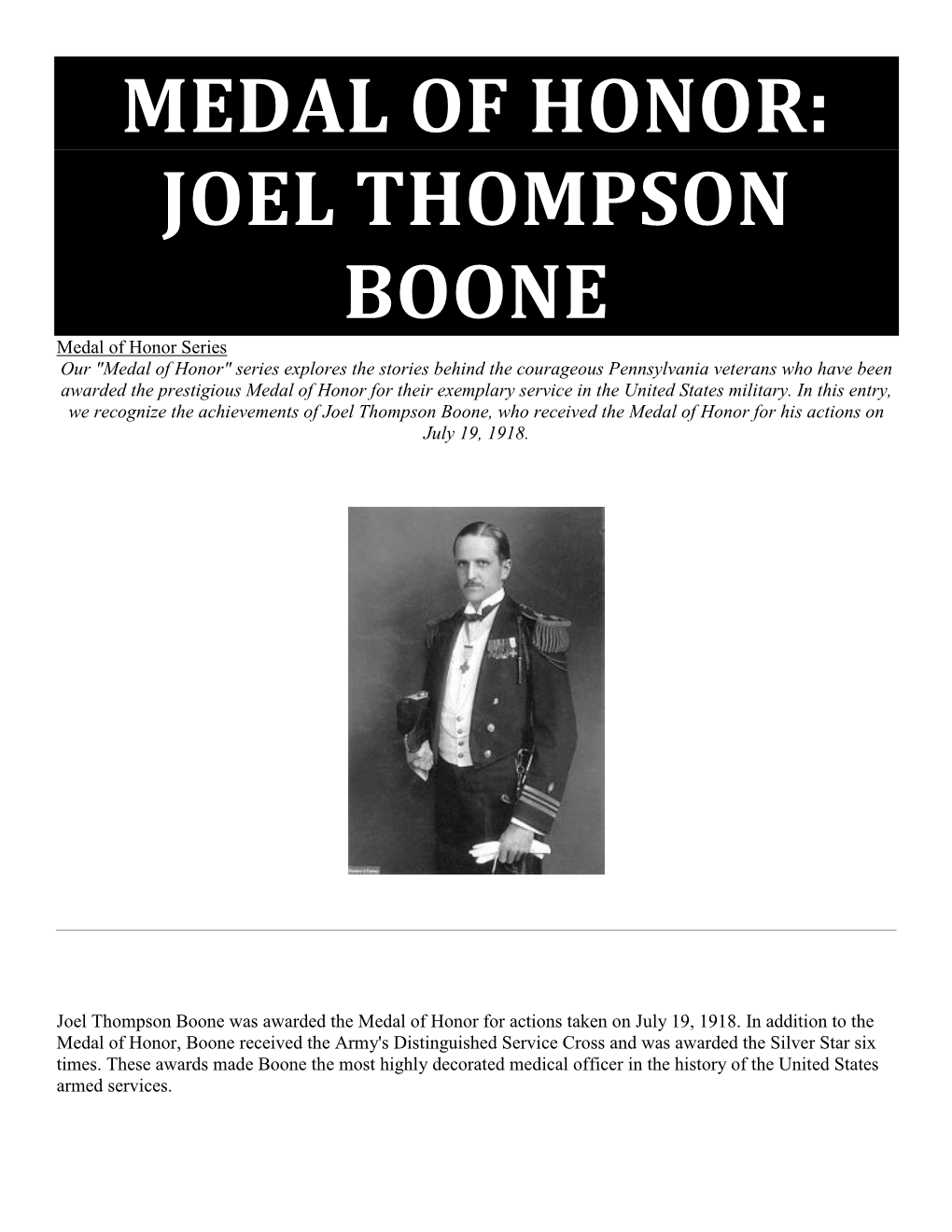 Medal of Honor: Joel Thompson Boone