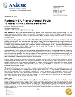Retired NBA Player Adonal Foyle to Read to Astor's