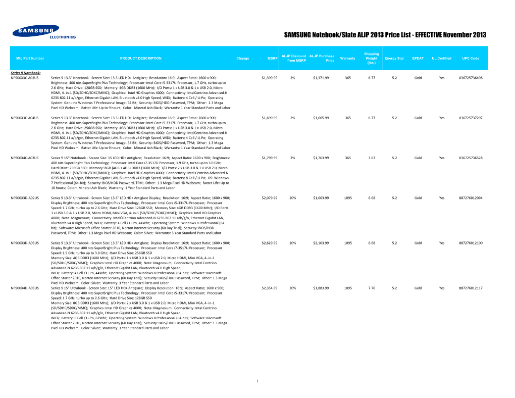 SAMSUNG Notebook/Slate ALJP 2013 Price List - EFFECTIVE November 2013