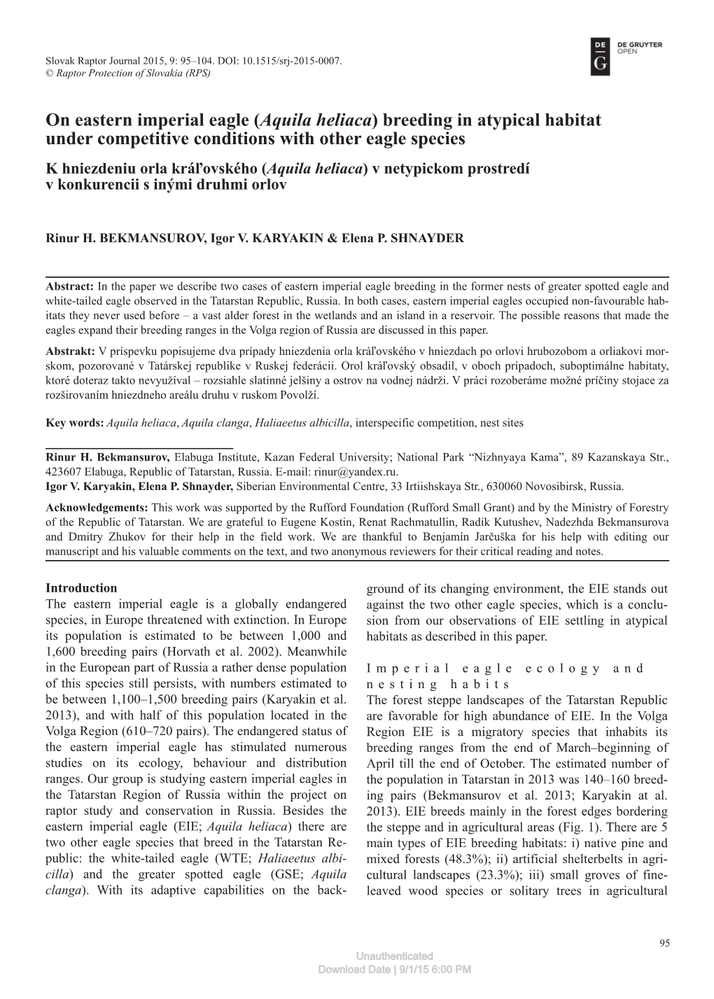 On Eastern Imperial Eagle (Aquila Heliaca) Breeding in Atypical Habitat