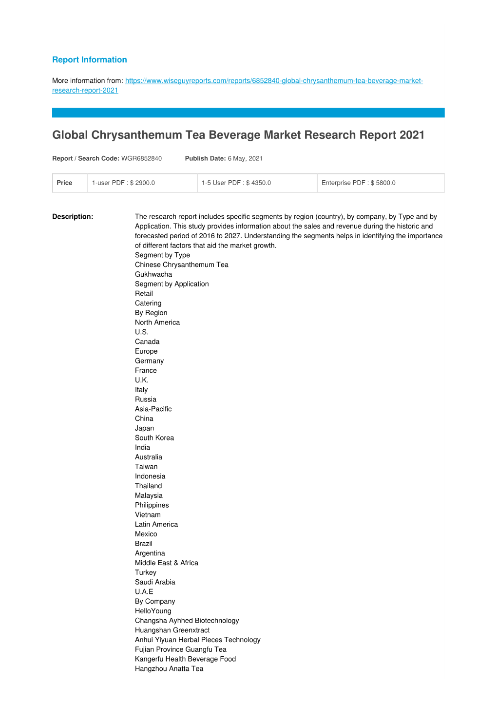 Global Chrysanthemum Tea Beverage Market Research Report 2021