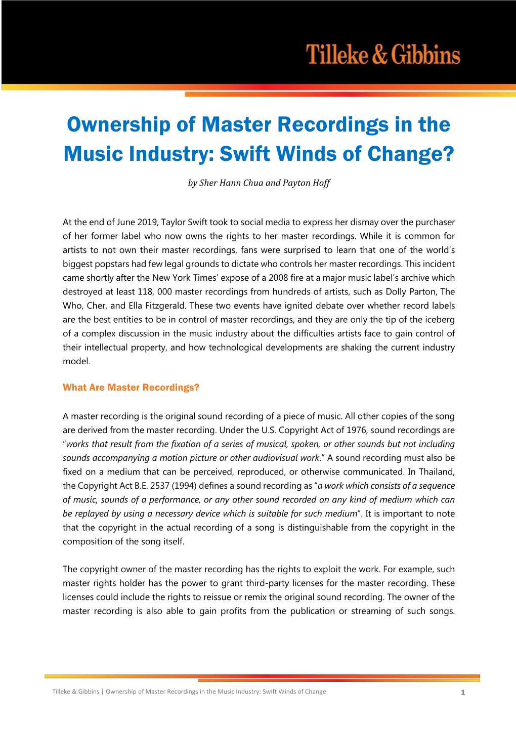 Ownership of Master Recordings in the Music Industry: Swift Winds of Change 1