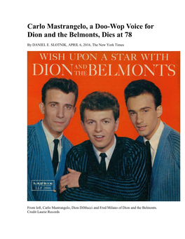 Carlo Mastrangelo, a Doo-Wop Voice for Dion and the Belmonts, Dies at 78