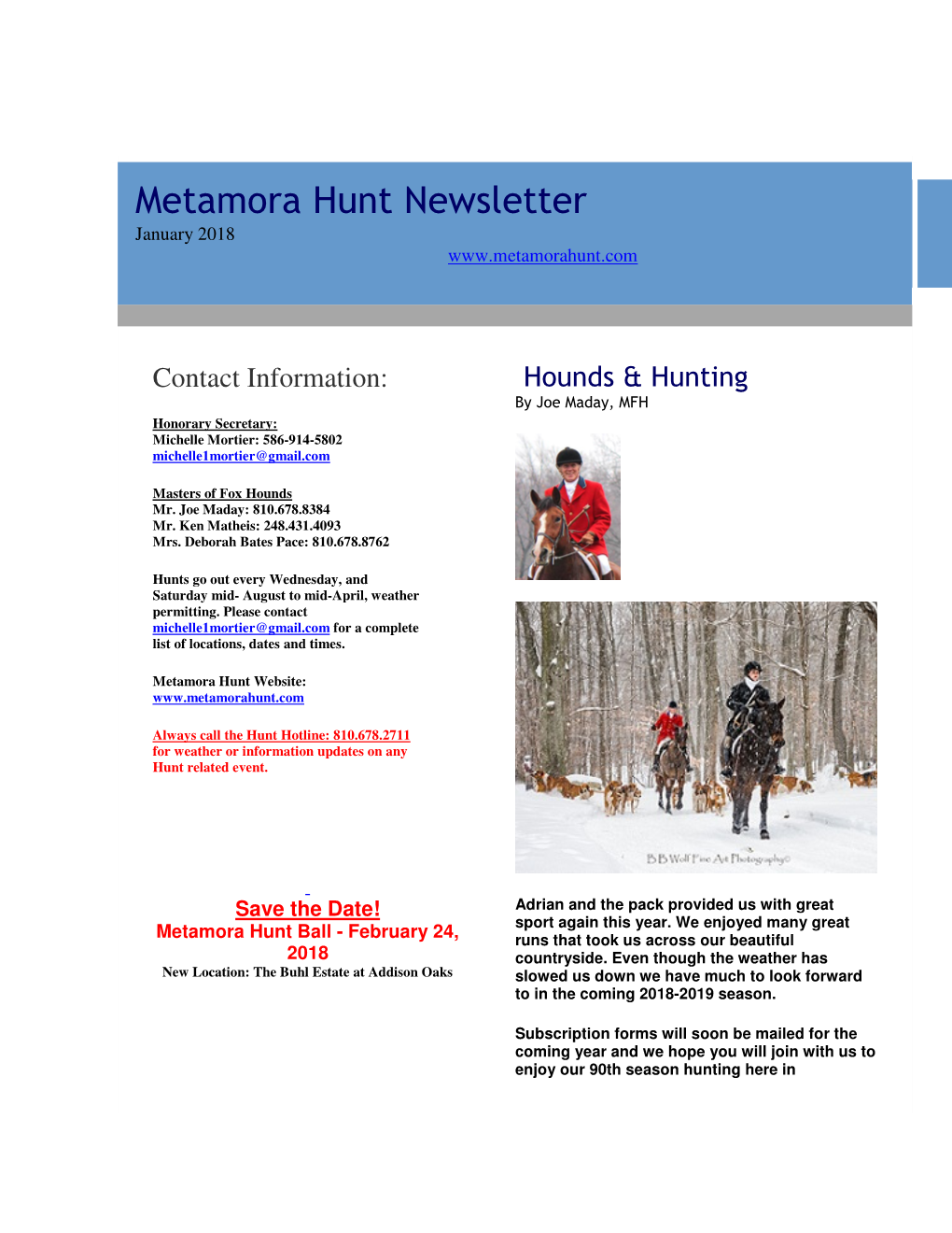 Metamora Hunt Newsletter January 2018