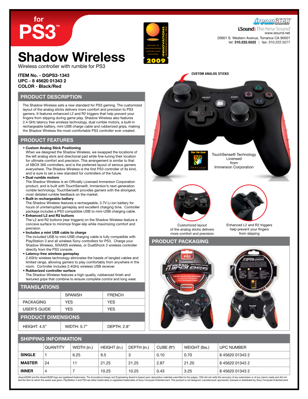 Shadow Wireless Wireless Controller with Rumble for PS3 ITEM No