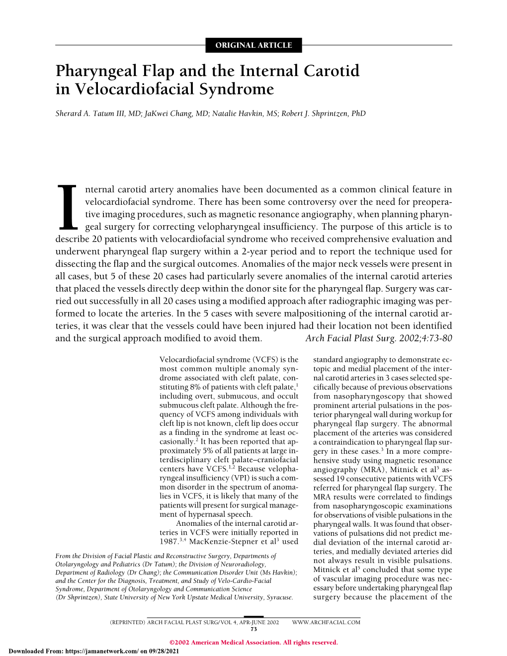 Pharyngeal Flap and the Internal Carotid in Velocardiofacial Syndrome