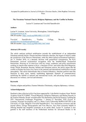 Accepted for Publication in Journal of Orthodox Christian Studies, John Hopkins University Press