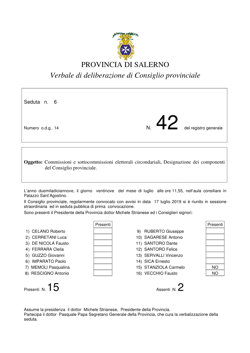 PROVINCIA DI SALERNO Erbale Di Deliberazione Di Consiglio Provinciale