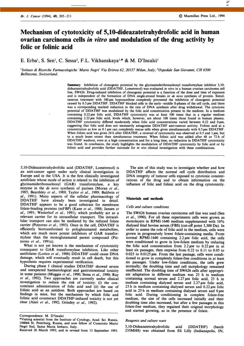 Mechanism of Cytotoxicity of 5,10-Dideazatetrahydrofolic Acid in Human Ovarian Carcinoma Cells in Vitro and Modulation of the Drug Activity by Folic Or Folinic Acid