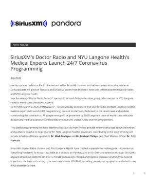 Siriusxm's Doctor Radio and NYU Langone Health's Medical Experts Launch 24/7 Coronavirus Programming