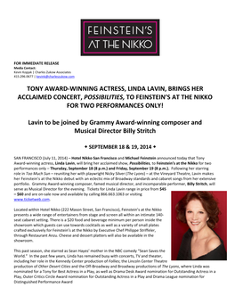 Tony Award-Winning Actress, Linda Lavin, Brings Her Acclaimed Concert, Possibilities, to Feinstein's at the Nikko for Two Perf