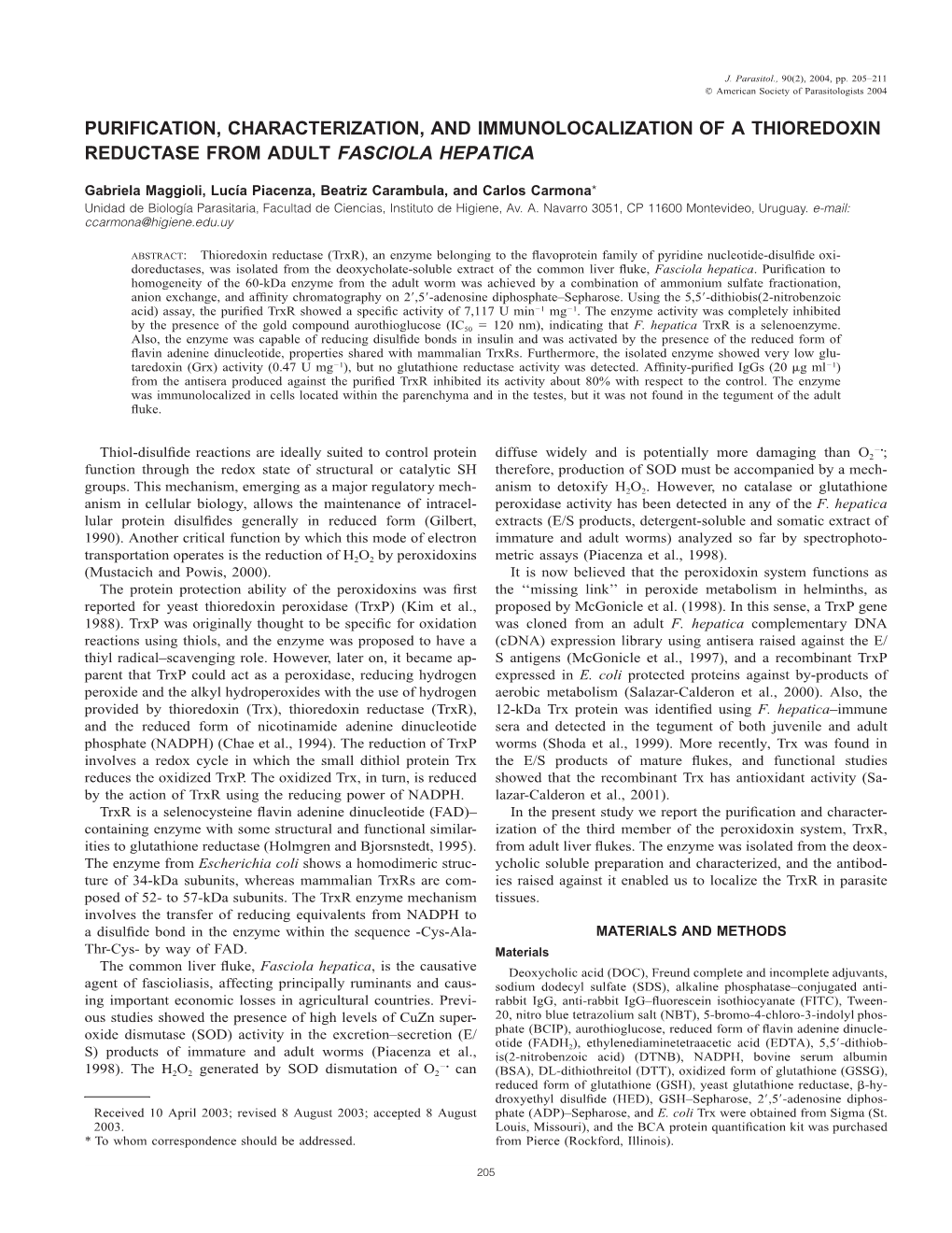 Purification, Characterization, and Immunolocalization of a Thioredoxin Reductase from Adult Fasciola Hepatica