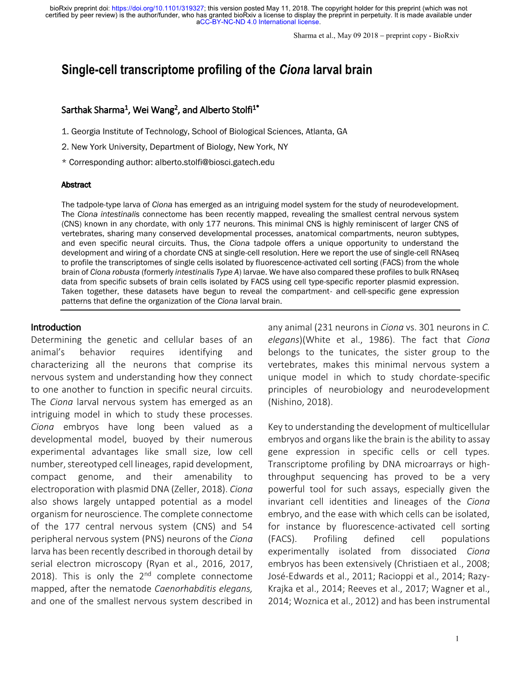 Single-Cell Transcriptome Profiling of the Ciona Larval Brain