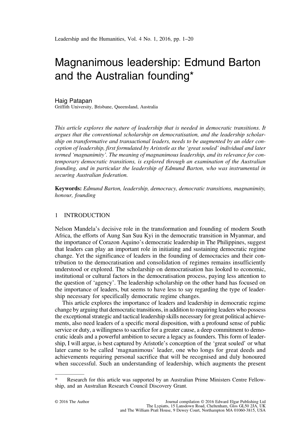 Magnanimous Leadership: Edmund Barton and the Australian Founding*