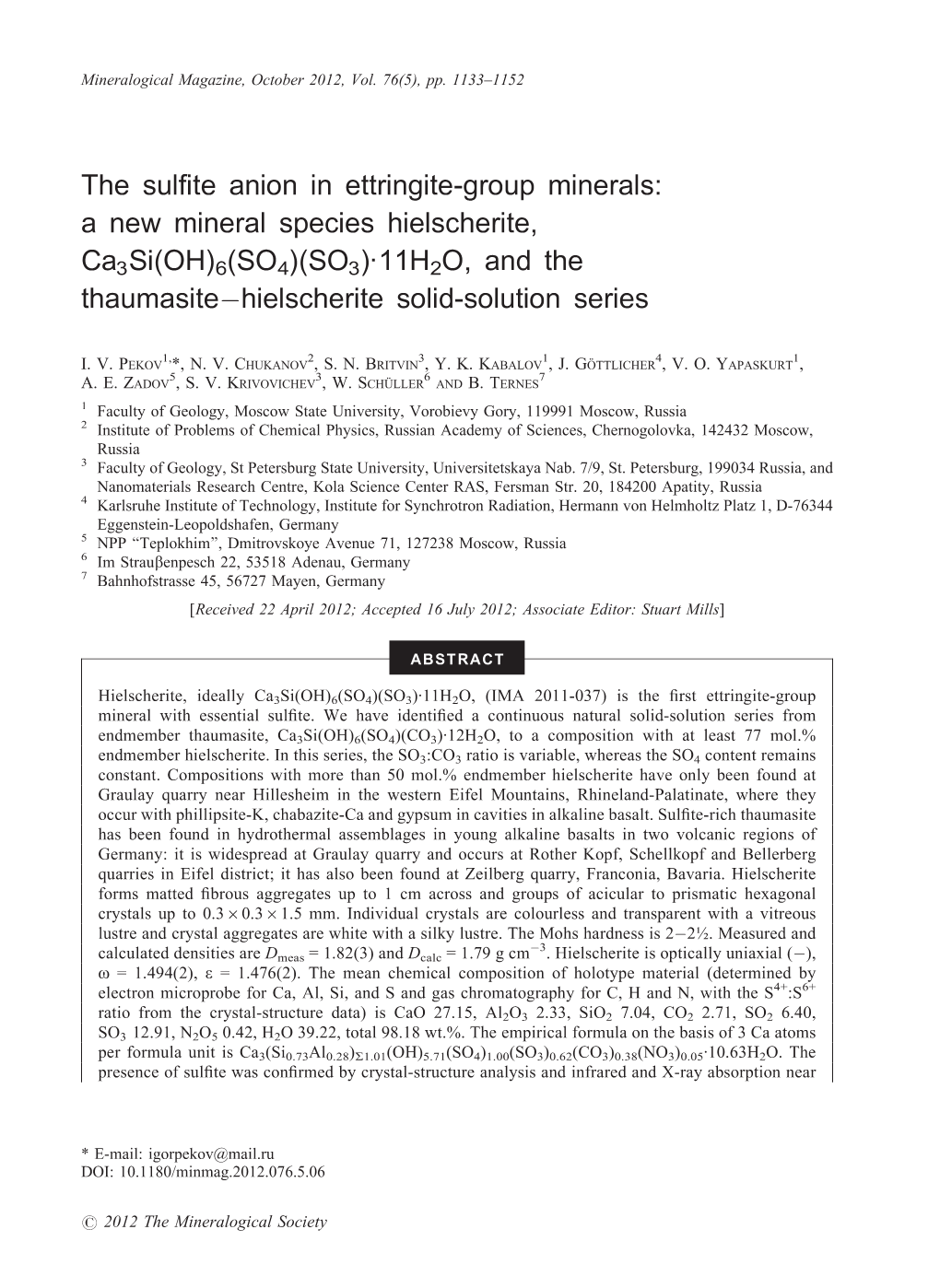 SO3)·11H2O, and the Thaumasiteàhielscherite Solid-Solution Series