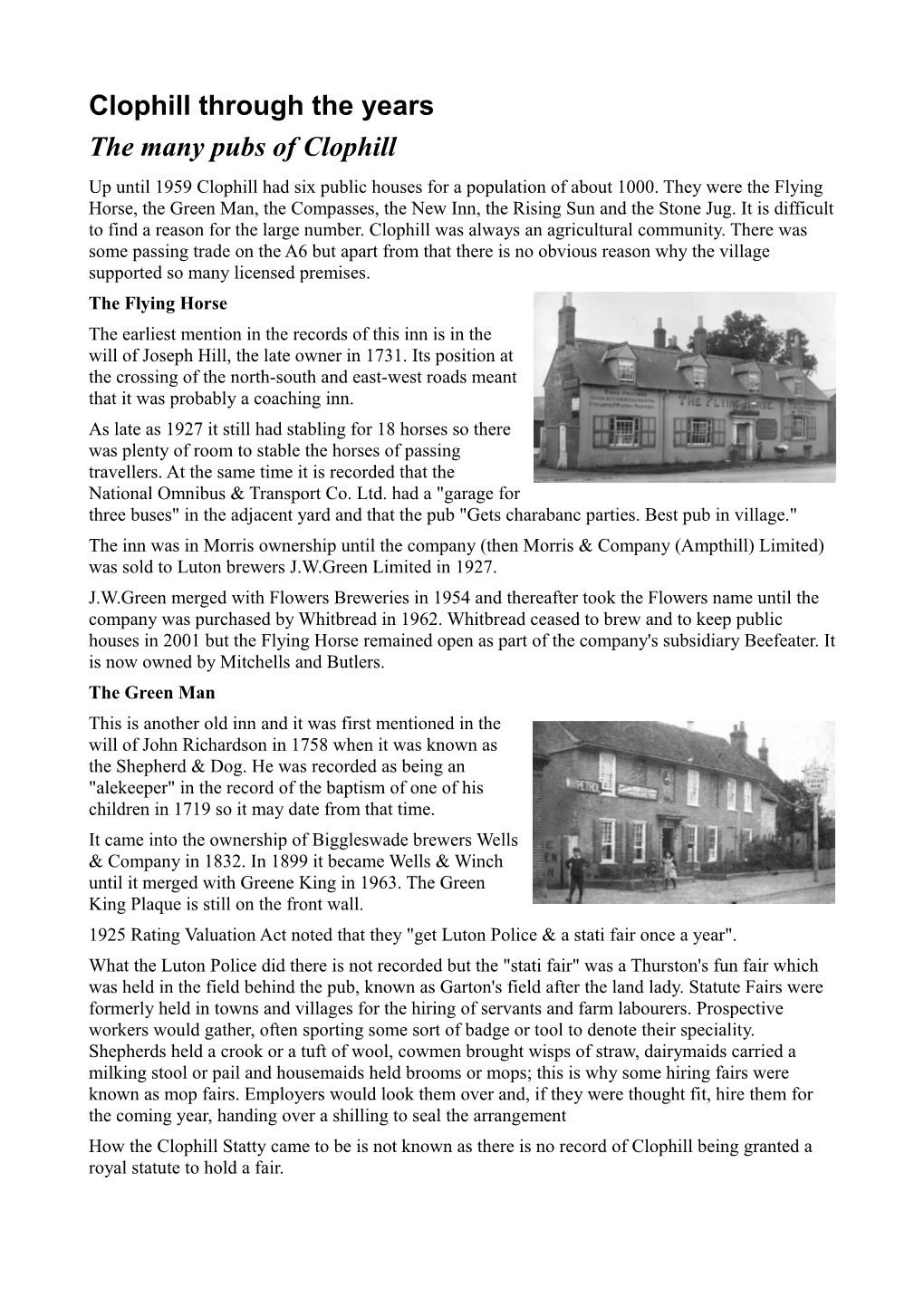 Clophill Through the Years the Many Pubs of Clophill up Until 1959 Clophill Had Six Public Houses for a Population of About 1000