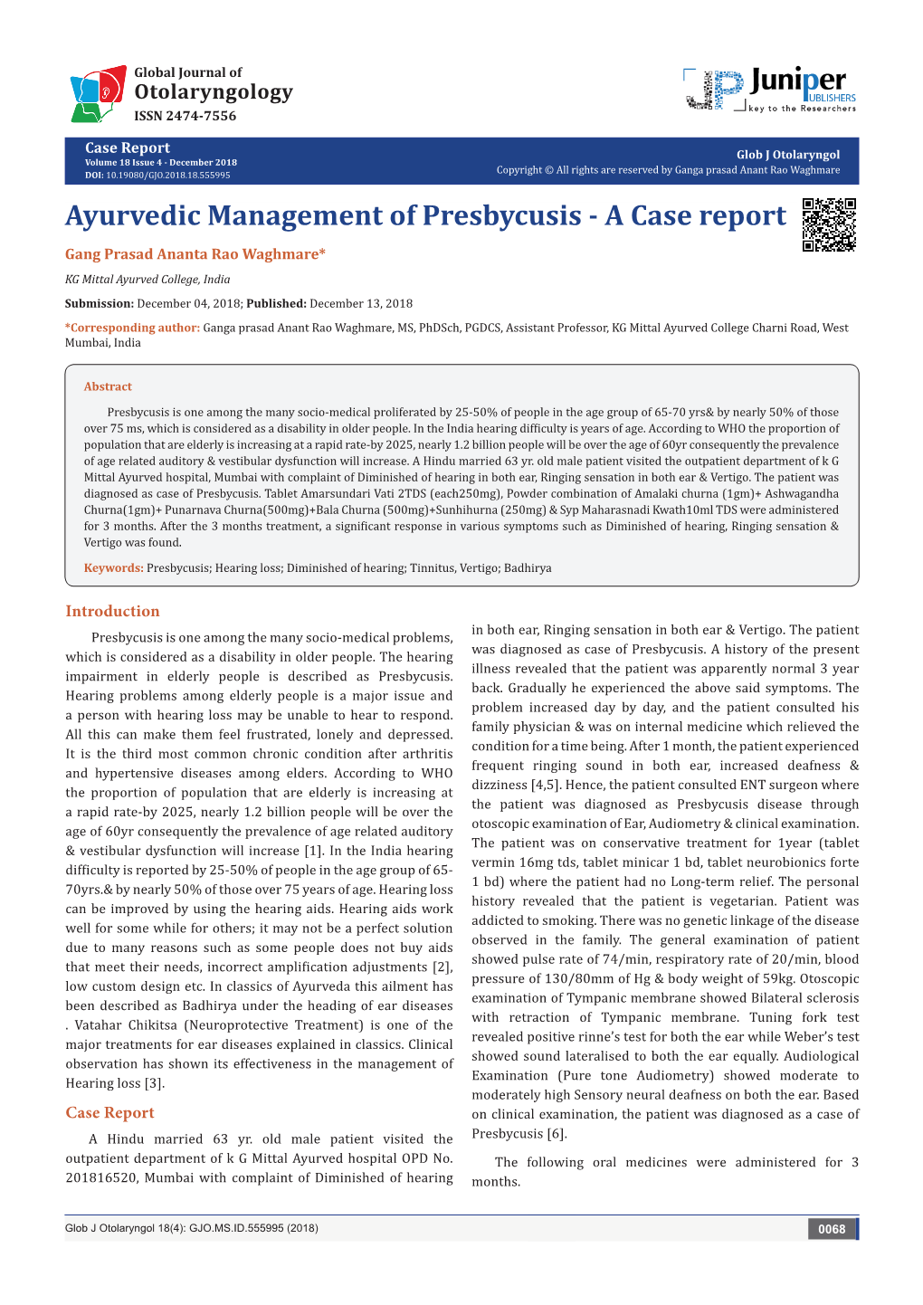 Ayurvedic Management of Presbycusis