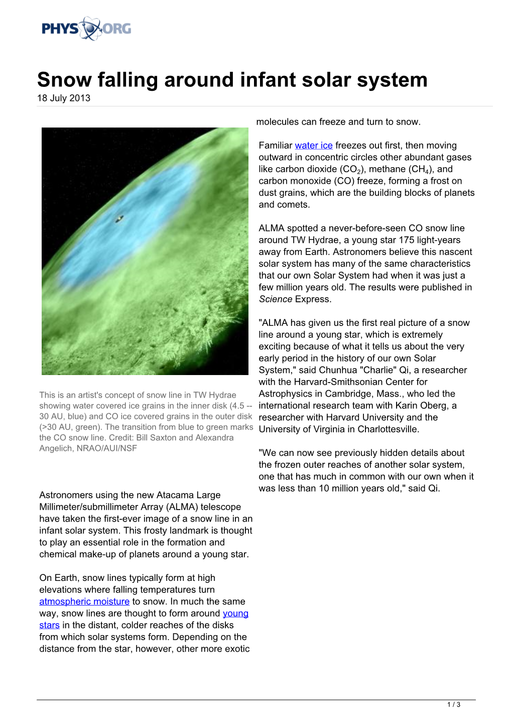 Snow Falling Around Infant Solar System 18 July 2013