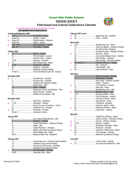 2020-21 Faith-Based Calendar