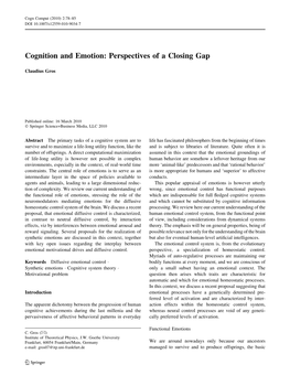 Cognition and Emotion: Perspectives of a Closing Gap