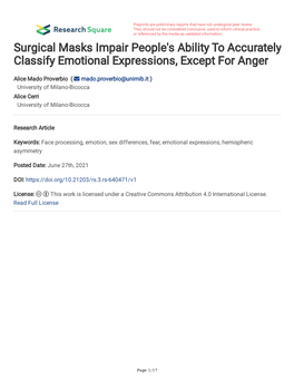 Surgical Masks Impair People's Ability to Accurately Classify Emotional Expressions, Except for Anger