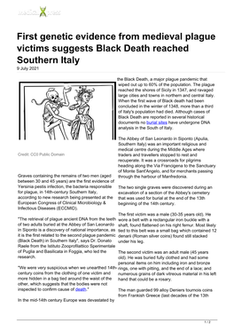 First Genetic Evidence from Medieval Plague Victims Suggests Black Death Reached Southern Italy 9 July 2021