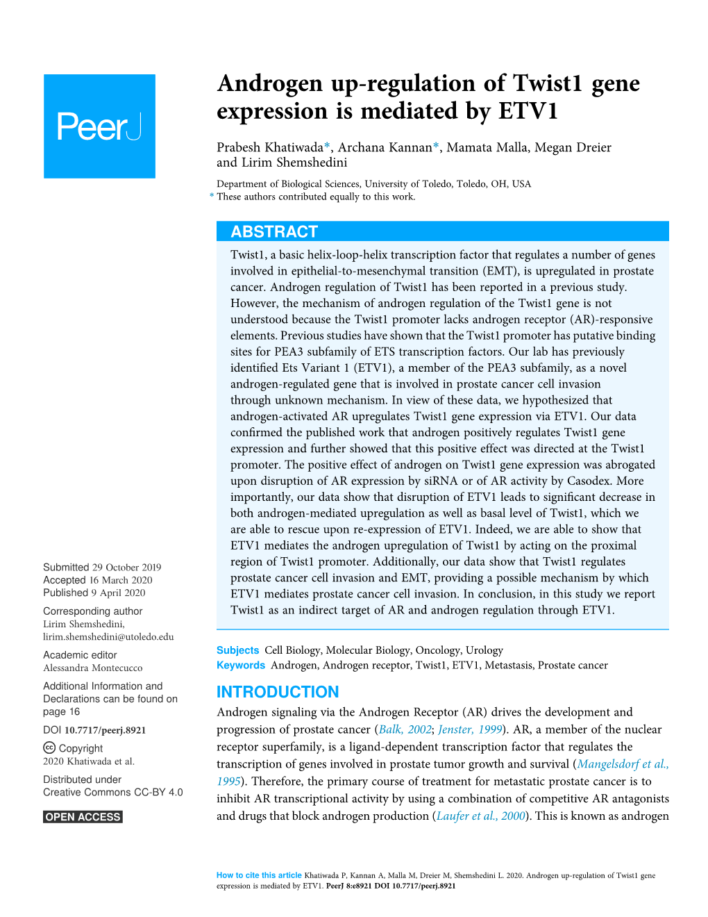 Androgen Up-Regulation of Twist1 Gene Expression Is Mediated by ETV1