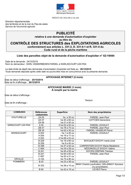 PUBLICITÉ CONTRÔLE DES STRUCTURES Des EXPLOITATIONS AGRICOLES