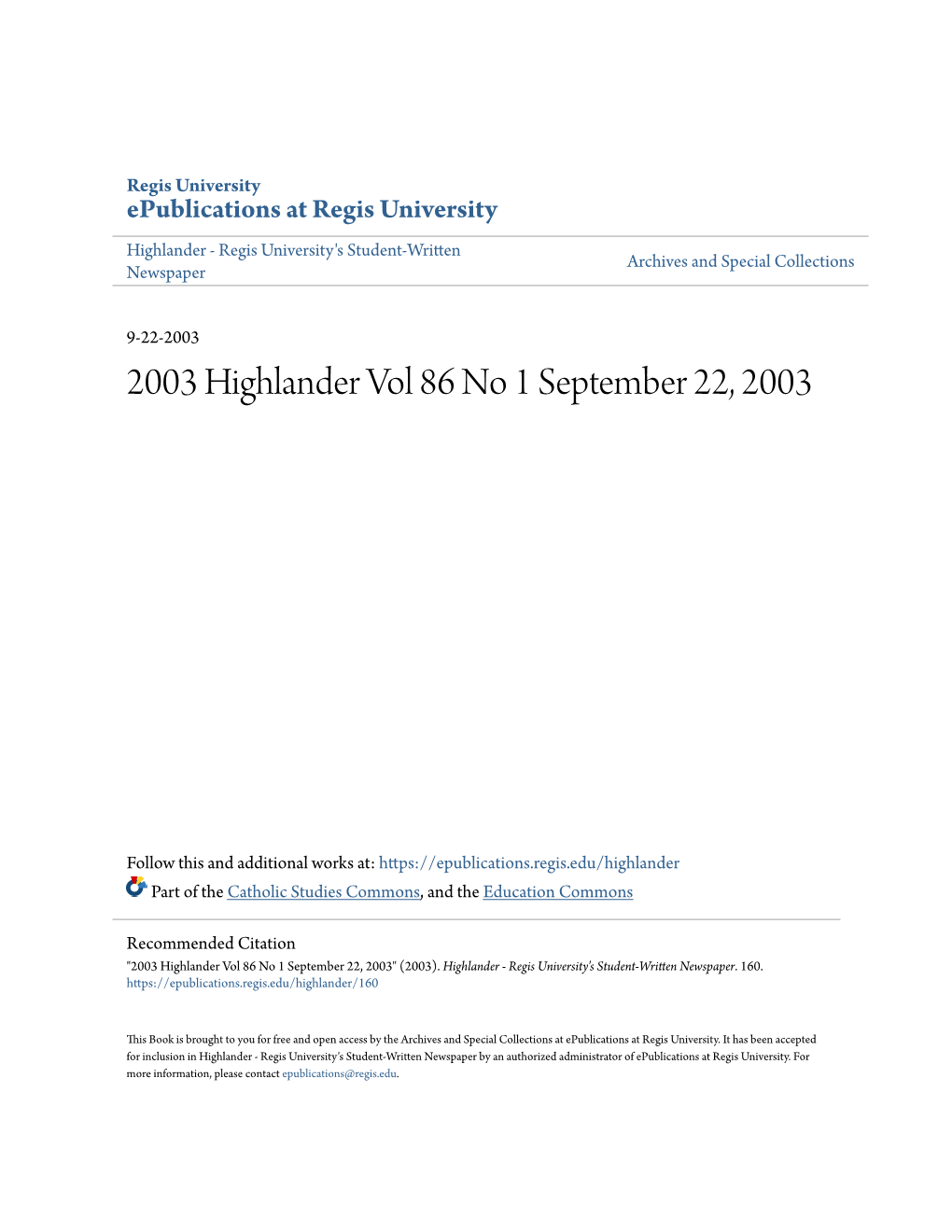 2003 Highlander Vol 86 No 1 September 22, 2003