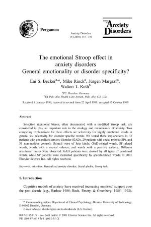 The Emotional Stroop Effect in Anxiety Disorders General Emotionality Or Disorder Specificity?