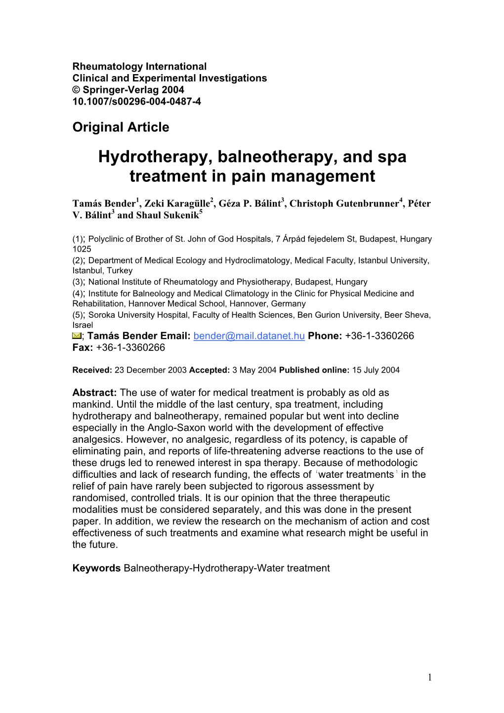 Hydrotherapy, Balneotherapy, and Spa Treatment in Pain Management