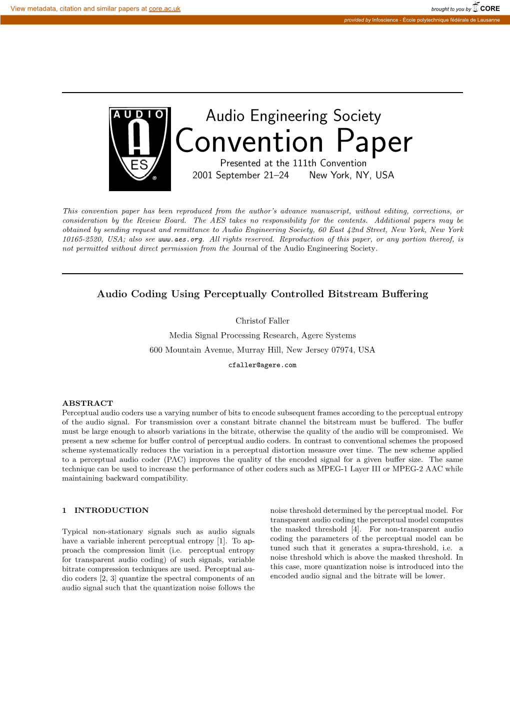 Convention Paper Presented at the 111Th Convention 2001 September 21–24 New York, NY, USA
