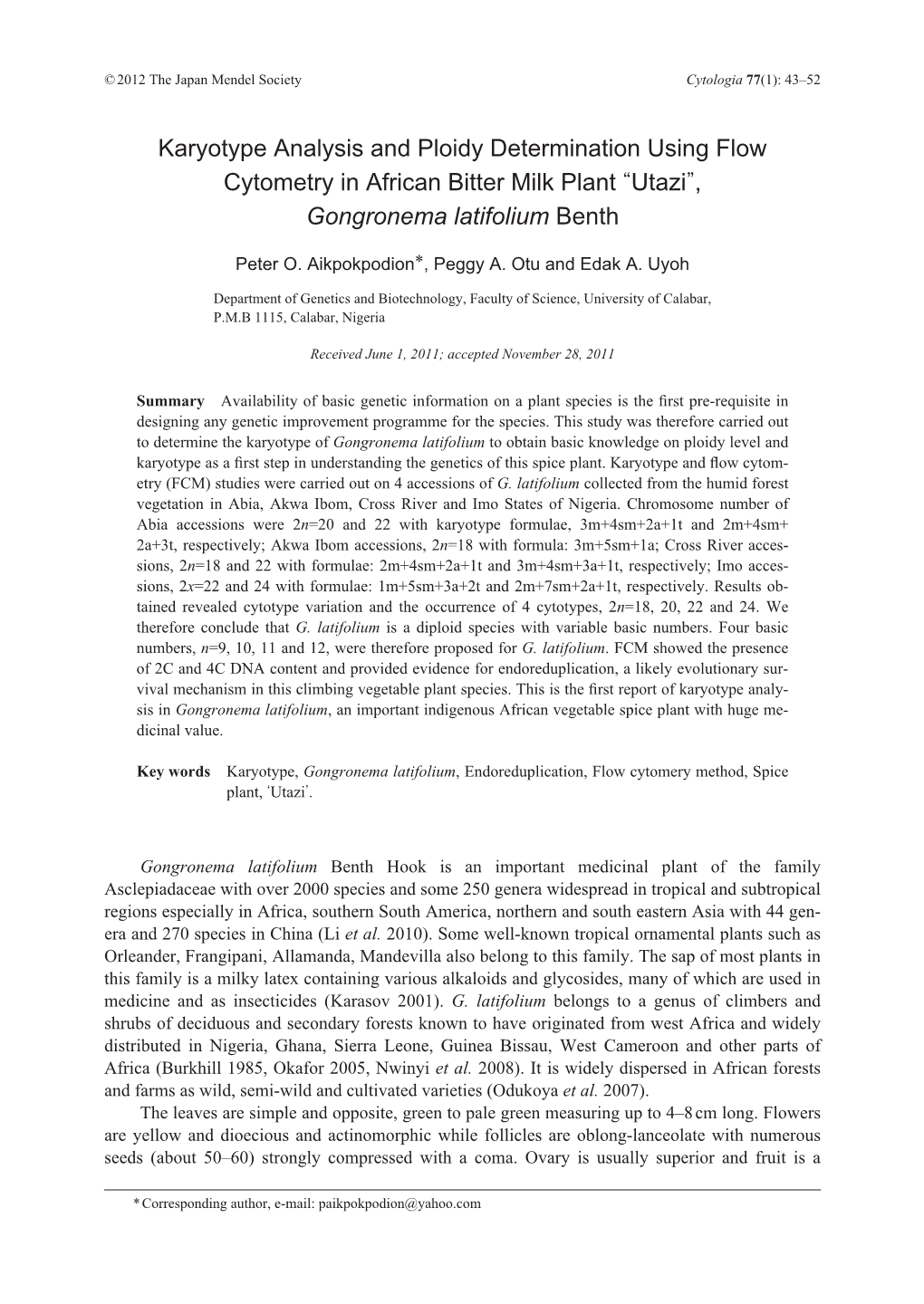 Karyotype Analysis and Ploidy Determination Using Flow Cytometry in African Bitter Milk Plant “Utazi”, Gongronema Latifolium Benth