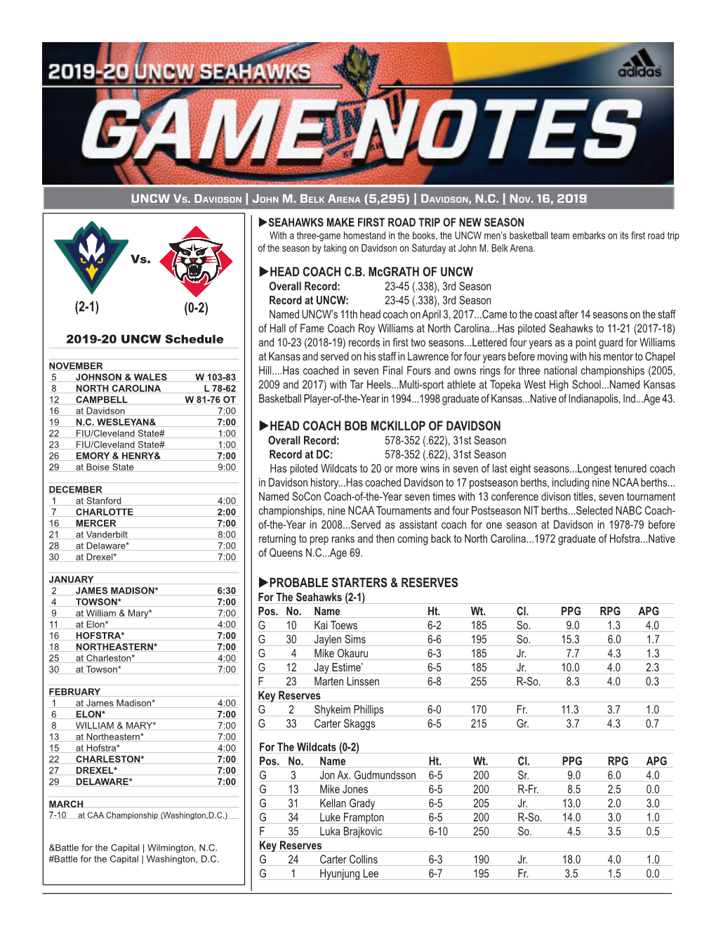 HEAD COACH C.B. Mcgrath of UNCW PROBABLE STARTERS